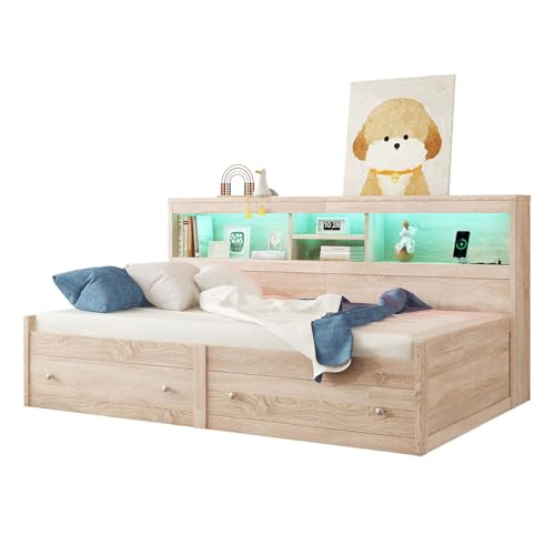 Cama Infantil 90x200 cm, Cama para Niños con 2 Puertos USB y 2 Tomas de Carga, Mesita de Noche LED con Espacio de Almacenamiento, 2 Cajones, Marco de Cama Individual para Niños, Adolescentes, Adultos