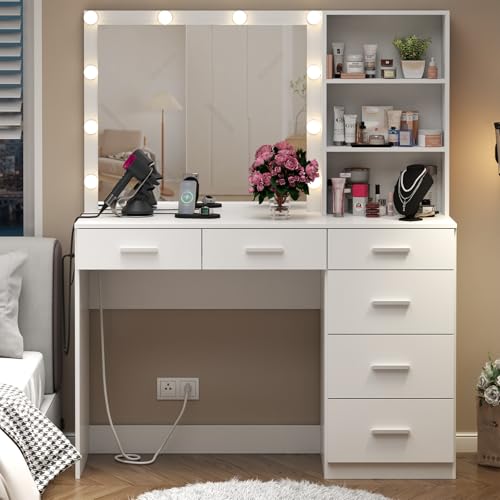 Loomie Vanity Desk with Lighted Mirror & Power Outlet, Makeup