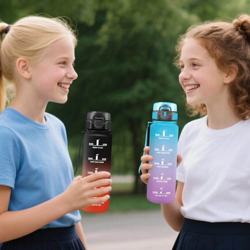 Grsta Trinkflasche Kinder- 0 5 liter- Trinkflasche, Wasserflasche mit Uhrzeit, Wasserflasche Auslaufsicher, Flasche mit Zeitmarkierung, Leicht zu Reinigen, Flasche Erwachsene für Reisen, Outdoor