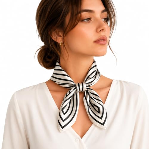 Nicetage 100% Mulberry Silk Scarf for Women, 21" Small Square Neckerchief, Modern Black & White Striped Bandana, Elegant Silk Hair Scarf, Professional Neck Tie for Gift Bag