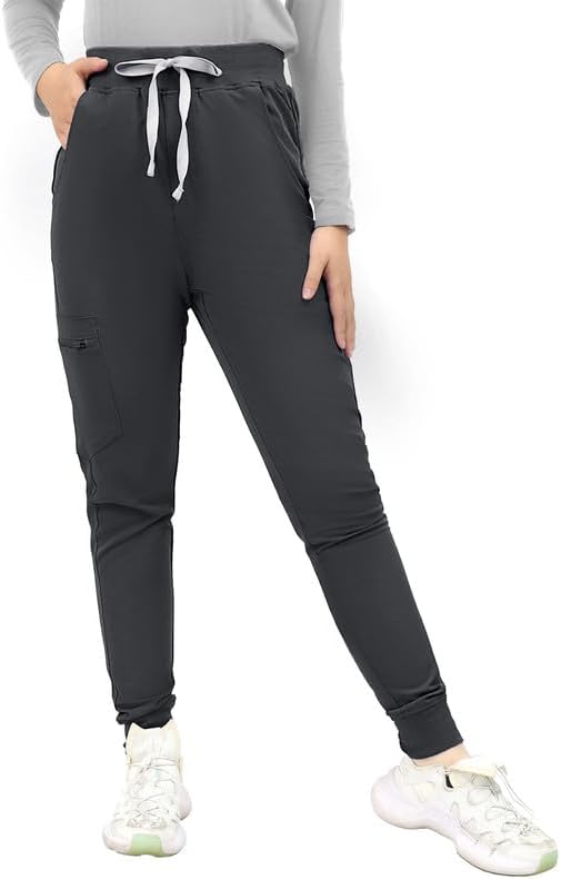 Kitmaz High Waisted Scrub Pants for Women - 4-Way Stretch Anti-Wrinkle Medical Slim Fit Jogger Pants, Drawstring & 5 Pockets