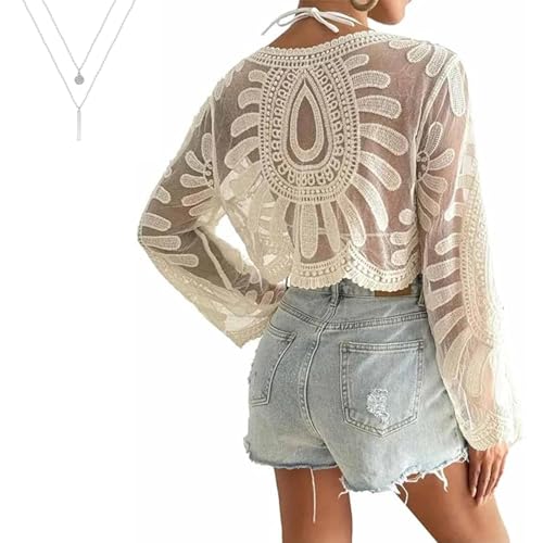 Women's Floral Embroidered Semi-Sheer Cover Up, Long Sleeve Round Neck, Sheer Beach Coverup Mesh Design