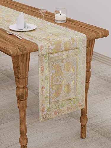 Image of Home Decor Brocade Silk Table Runner for Dinning Table & Centre Table Elephant & Peacock / 16 X 60 Inches (Grey)