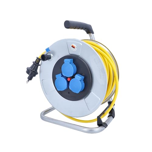 as - Schwabe Kabeltrommel 25 m - Schweizer SEV Typ 13 Stecker - K35 AT-N07 V3V3-F 3G1,5-3-fach Steckdose T13 230V/10A - Thermoschutz - Verzinkter Stahlrahmen - IP55 - Made in Germany, 711590