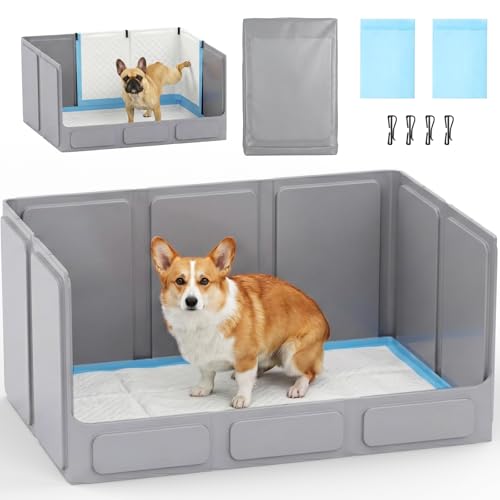 Ginyoyo Dog Litter Box with High Walls Foldable No-Assembly Indoor Dog Potty Tray Waterproof No-Spill Dog Pee Pad Holder for Small and Medium Dogs Easy to Clean Gray (33x22x16)