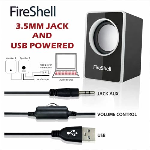 Image of Fireshell USB Powered Computer Speakers 6W Stereo Sound with Multicolor LED Lights, AUX Input & Volume Control Pod for PC, Laptop & Desktop (Black)