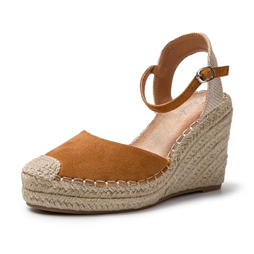 JOMIX Sommer Sandalen Damen Elegant Keilsandalen Espadrilles Plateau Wedges Sandaletten mit Geschlossene Leicht Strandsandalen (Camel, 38 EU)