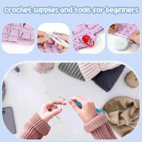 Image of Dodhar Crochet Kit for Beginners with Yarn - Complete Learn to Crochet Starter Kit for Kids Ages 8-12, Ergonomic Soft Grip Hooks, Accessories & Blue Flower Storage Bag (Blue Bag n kit)