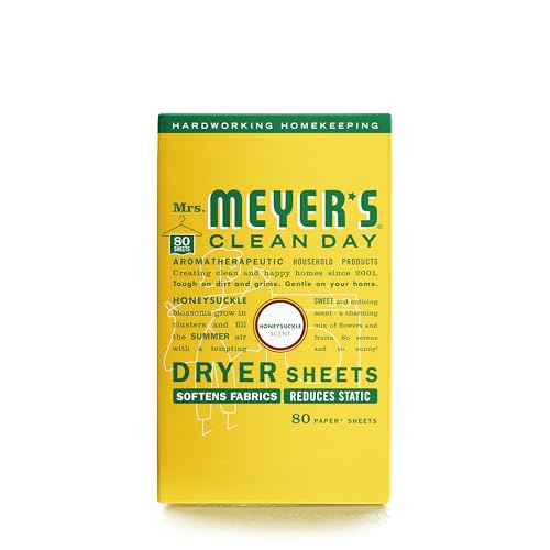MRS. MEYER’S CLEAN DAY Dryer Sheets, Fabric Softener, Reduces Static, Infused with Essential Oils, Honeysuckle, 80 Count