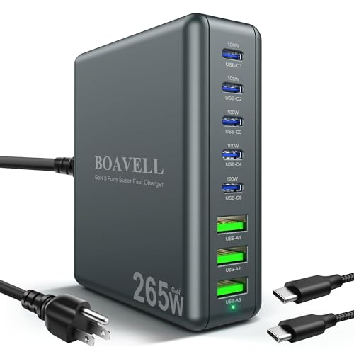 USB C Charger, 8 Ports GaN 265W USB C Charger Block with 6FT 100W USB C Charger Cable, USB C Wall Charger Fast Charging for iPhone 15 14 13 12, MacBook, iPad, Galaxy and More