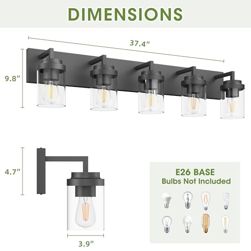 Image of Modern 5-Light Black Bathroom Vanity Light with Clear Glass Shade, 37.4 x 4.7 x 6 inches