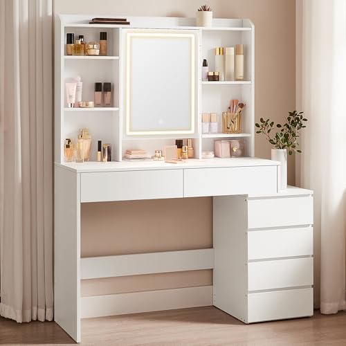 Coiffeuse FIONESO Avec Miroir Lumineux 10 LED - 4 Tiroirs + 2 étagères - Station De Charge USB - Blanc
