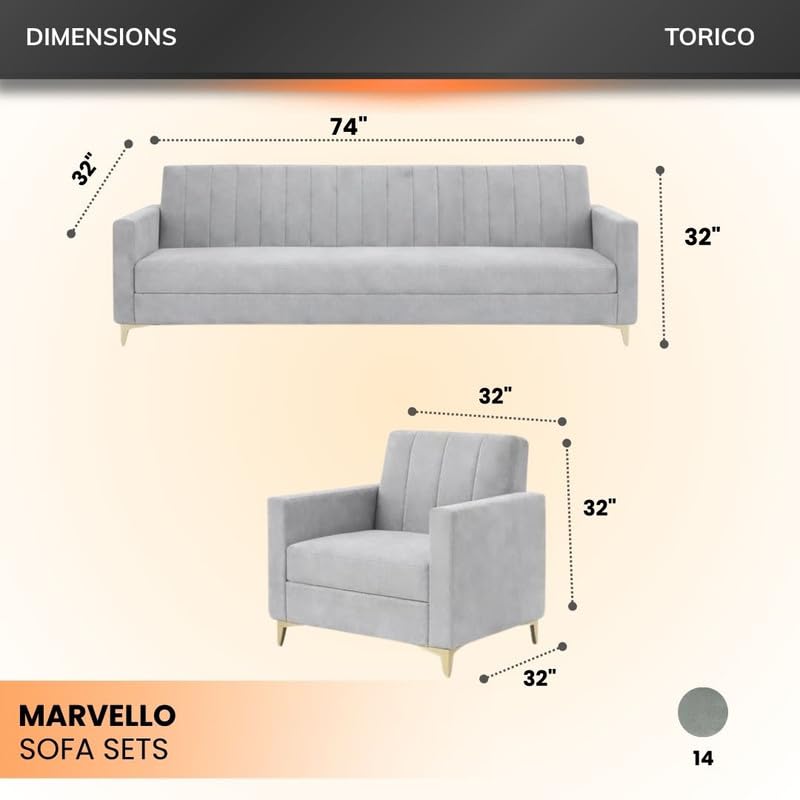 Image of Marvello 3+1+1 Fabric Sofa Set for Living Room | Soft Velvet Upholstery, Sturdy Wooden Frame | Stylish Sofa for Hall & Office Spaces (Light Grey)