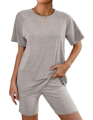 Image of Ekouaer Two Piece Sets for Women Summer Outfits 2026 Lounge Set Crew Neck Tshirts Biker Short Sweatsuit with Pocket