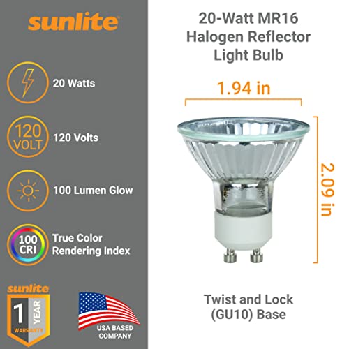 Sunlite 40722 Mr16 Halogen Reflector Bulb, 20 Watt, 38° Flood, 120 Volt, 100 Lumens, 2000 Hour Life Span, Dimmable, Gu10 Base, Open Cover, 3200, Ansi Bab, Ceiling Fixtures, Lanterns 6-Pack #TOP3