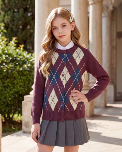 GRACE KARIN Girls Cardigan Sweater Size 7 Button Argyle Knit School Uniform — view 5