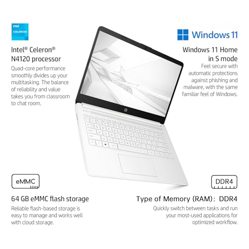Image of HP 14 inch HD Student Business Laptop, Intel Quad-Core N4120, 16GB RAM, 128GB Storage, (64GB eMMC+64GB SD Card), 1 Year Office 365, Slim Design, Webcam, HDMI, Bluetooth, WiFi, Win 11 S, White