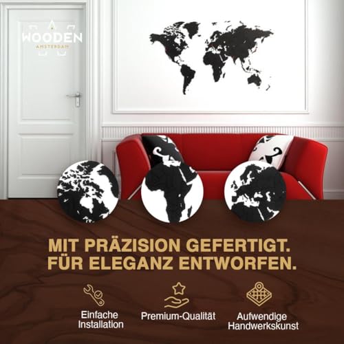 MiMi Innovations Weltkarte Holz Puzzle Schwarz HDF | Wanddeko | Personalisierbar mit 96 Pins | DIY Weltkarte zum Pinnen aus FSC-zertifiziertem Holz (100 x 60 cm)