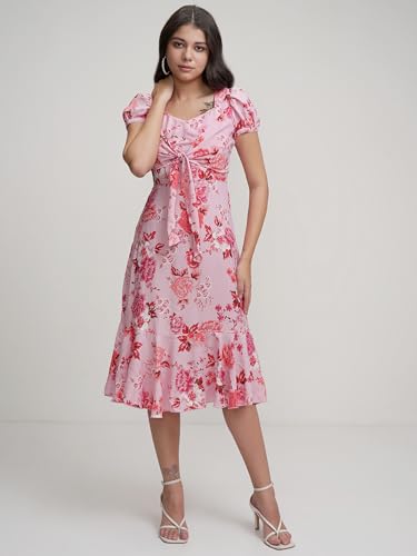 Image of Tokyo Talkies Womens Elegant Floral A-Line Dress | Long Puff Sleeves & Ruffle Hem for A Feminine Touch | Bow Tie Up | Dress for Women | Women Dress | Stylish Women Dress