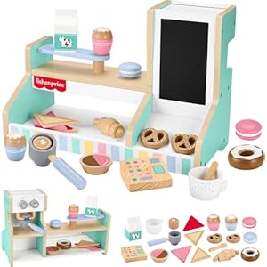 Fisher-Price Wood Pretend Play Coffee Shop & Toy Register, 20-Piece Wooden Food Playset for Preschool Kids Ages 3+ Years