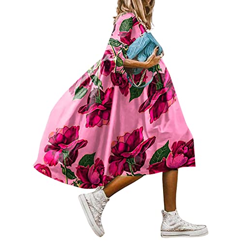 Boho Floral Ladies Dresses 2023 Summer,3/4 Sleeve Maxi Dress Oversized High Waist Tunic Dress Pleated Graphic Sundresses Flowy A Line Dress Evening Dresses For Women Reds X #TOP17