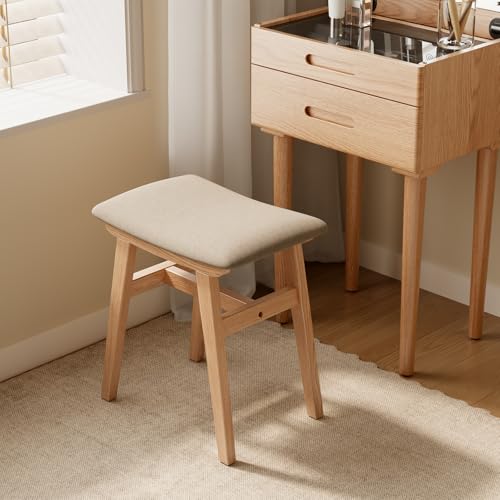 Muwuele Solid Wood Vanity Stool, Compact Makeup Chair with Saddle Cushion, Linen-Covered High Rebound Sponge Seat, Easy Assembly Footstool for Bedroom, Entryway, Home, Natural by Muwuele - Image 3