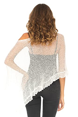Shu-Shi Womens Sheer Poncho Shrug Lightweight Knit Ruffle Sweater Top White #TOP2