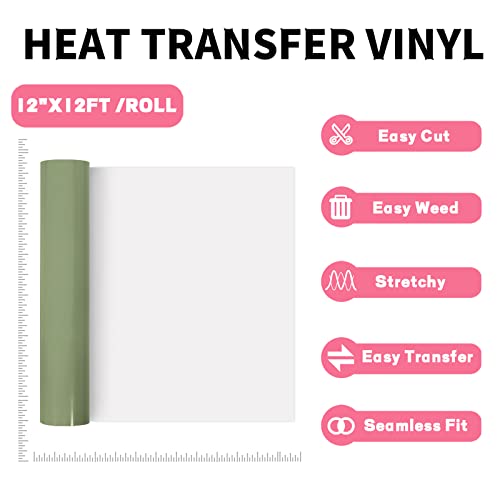 Ahijoy Heat Transfer Vinyl Roll Khai Green Htv Vinyl 12" X 12Ft Pale Sage Green Iron On Vinyl For T Shirts Hats Clothing Garment Fabric #TOP2