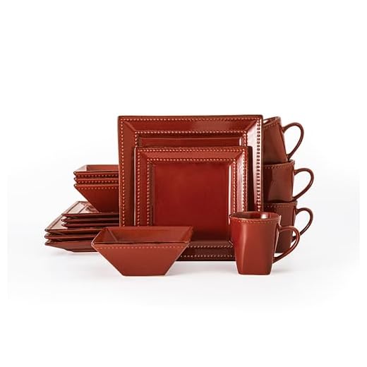 16 Piece Square Beaded Stoneware Dinnerware Set by Lorren Home Trends, Red