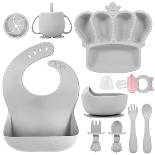 Image of Silicone Baby Feeding Set, 10 Pcs Baby Led Weaning Supplies Suction Bowl Divided Plate Baby Bibs Fruit feeder Pacifier Baby Spoons Forks Sippy Cup Utensil Sets Baby Essentials for Newborn Grey
