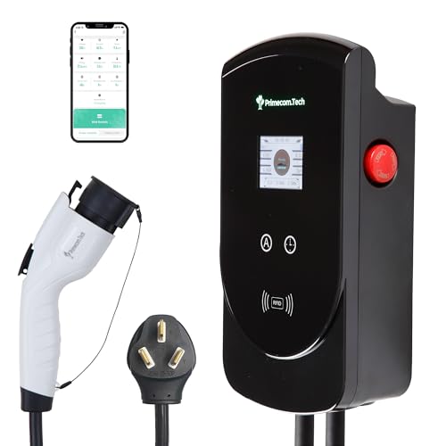 50 Amp - PRIMECOM.TECH Level-2 Smart Electric Vehicle Home Charging Station 220 Volt for Tesla and All EV Brands, 30' to 50' Feet Cord Length Options (NEMA 10-50p, 40 Feet)