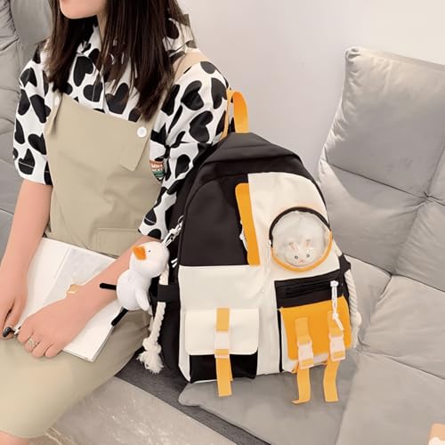 Mochila Escolar Kawaii Linda com Broche e Acessório Boneco Ursinho Pingente Escolar Fofa (Preta)