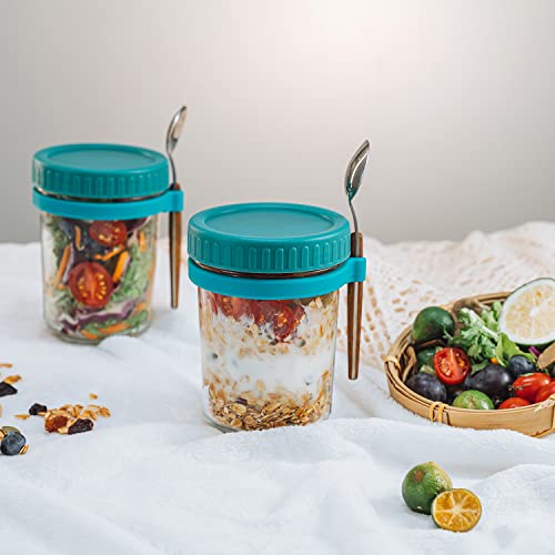 Smarch Overnight Oats Jars With Lid And Spoon Set Of 2, 10 Oz Large Capacity Airtight Oatmeal Container With Measurement Marks, Mason Jars With Lid For Cereal On The Go Container (Green) #TOP1