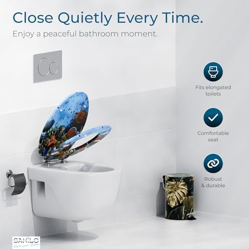 Sanilo 154 Elongated Molded Wood Toilet Seat with No Slam, Slow, Soft Close Lid, Stainless Steel Hinges, and Unique Fun Decorative Design, Ocean