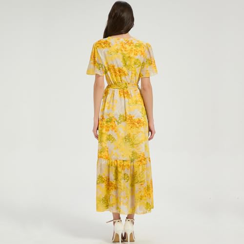 Image of Women's Summer Bohemian Floral Chiffon Dress Cap Sleeve V Neck Ruffle Long Flowy Boho Casual Vacation Dresses