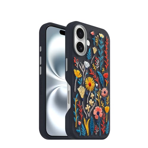 Image of OtterBox iPhone 16 Symmetry Series Cactus Leather Embroidery for MagSafe - Enchanted Garden Blue - Textured, Embroidered Floral Artistic iPhone Case, MagSafe Compatible Embroidered iPhone Case