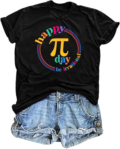 PICKID Pi Day Shirt Women Math Teacher Shirts 3.14 Graphic Happy Pi Day T-Shirt Teacher Gift Tee Casual Short Sleeve Top Black
