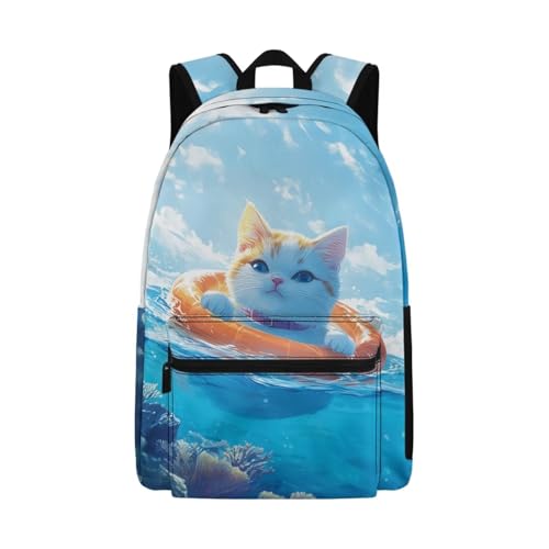 Swimming Cat Backpack for Girls 6-8 Cute Bookbags Aesthetic for Kids with Extra Pockets 17 Inch School Backpack for Students Camping Picnic Casual Daypack