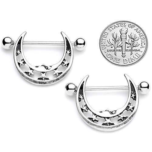 Body Candy 14G Womens Nipplerings Piercing 316L Steel 2Pc Crescent Moon Star Nipple Shield Set 7/8\" - Thumbnail 3
