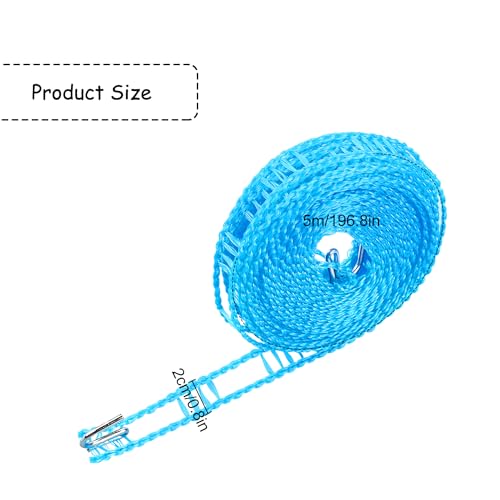 Rumyve Nylon Portable Laundry Cord with 2pcs Stainless Steel Hook, Non-slip Windproof Clothing Cord, Compact Drying Line for Camping Trips, Blue - Image 2