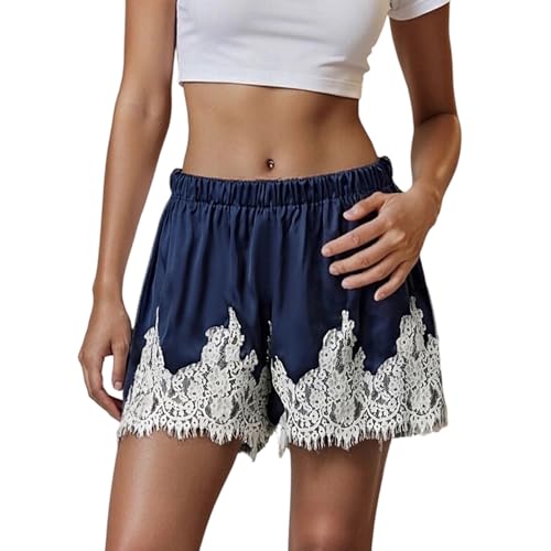 Image of Himllauen Women Summer Casual Satin Shorts Contrast/Solid Color Lace Trim Coquette Elastic Waistband Streetwear Holiday Beachwear Shorts Lounge Wear Pjs (Blue A, XL)