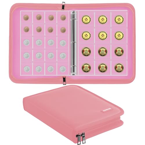 JUNDUN Feuerfestes Münzsammelalbum für Sammler, 260 Taschen Münzsammelbuch mit Reißverschlüsse, Münzsammelorganisator Aufbewahrungsbox Album für 20/25/27/30/38mm Münzen(Rosa)