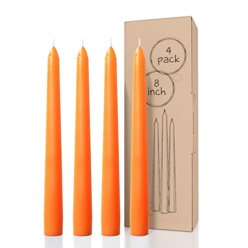 CANDWAX 8 inch Orange Taper Candles Set of 4 - Dripless, Unscented - Perfect for Dinner, Party or Christmas Decor, Halloween Candles or Thanksgiving Décor