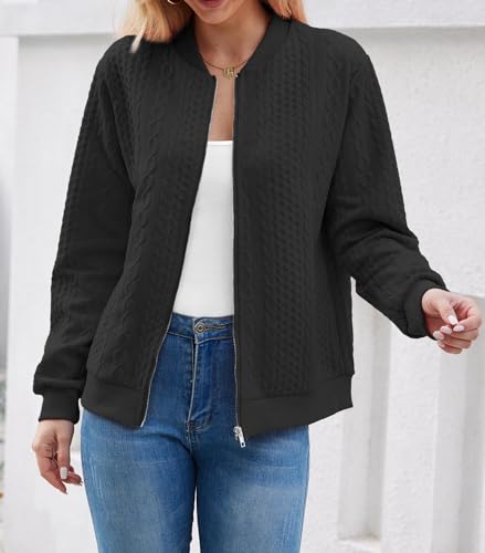 Image of WROLEM Women's Zip Up Cardigan Sweater Cable Hoodies Long Sleeve Jacket Outfits Crewneck Casual Coat Black