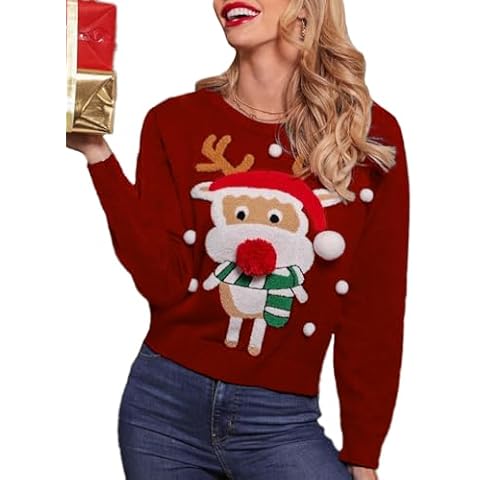 Amegoya Women's Funny Ugly Christmas Knitted Sweaters Crewneck Cute Reindeer Sweater Pullover Holiday Party Red Medium Cover