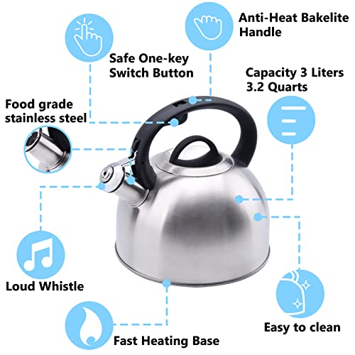Foedo Whistling Stovetop Tea Kettle 3.2 Quart Stainless Steel Teapot, Hot Water Fast To Boil, Cool Touch Silicone Handle, One-Touch Open And Close Button ( Polished Silver,3.2 Quart / 3 Liter) #TOP3