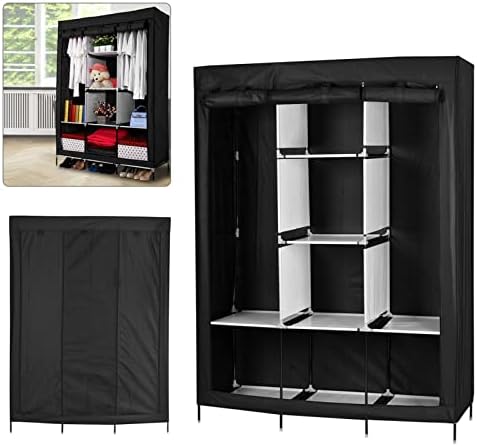 Dhouse Canvas Wardrobe 127x47x169cm Clothes Storage Cabinet with Hanging Crossbar Clothes Sorting Storage Rack for Bedroom