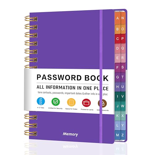 Spiral Password Book with Alphabetical Tabs - 5.8' X 8.2' Small Password Keeper Book with Inner Pocket for Seniors , Large Print, Hardcover, 450 Logins – Internet Password Organizer Notebook for Home & Office Use