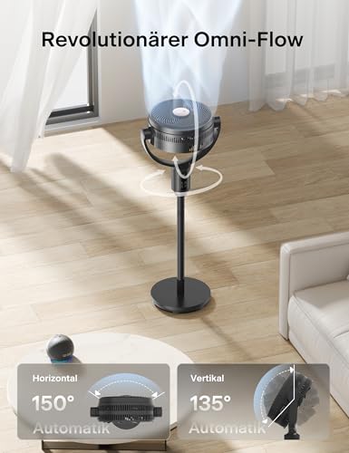 PELONIS 135° Oszillierender Smart Standing Fan, Leiser Bodenventilator mit DC Motor, Doppelflügel Standventilator für den ganzen Raum, 9 Geschwindigkeiten, 2 Modi, 26dB, 36-110CM Verstellbare Höhe, 9H