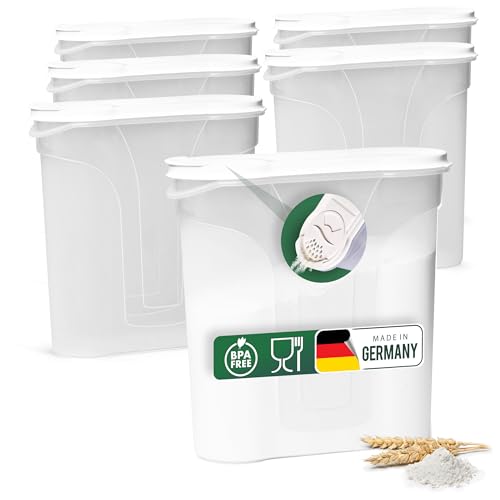 Novaliv Juego de 6 botes de almacenamiento para esparcir 4 litros – Dimensiones (largo x ancho x alto): 25,5 x 25,5 x 10 cm – Lata con tapa de 4 l para cereales, harina, azúcar, latas de cocina,